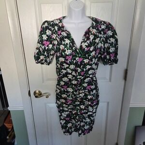 Veronica Beard Floral Puff Sleeve Ruched Mini Dress Black Pink White Sz 4 Janis